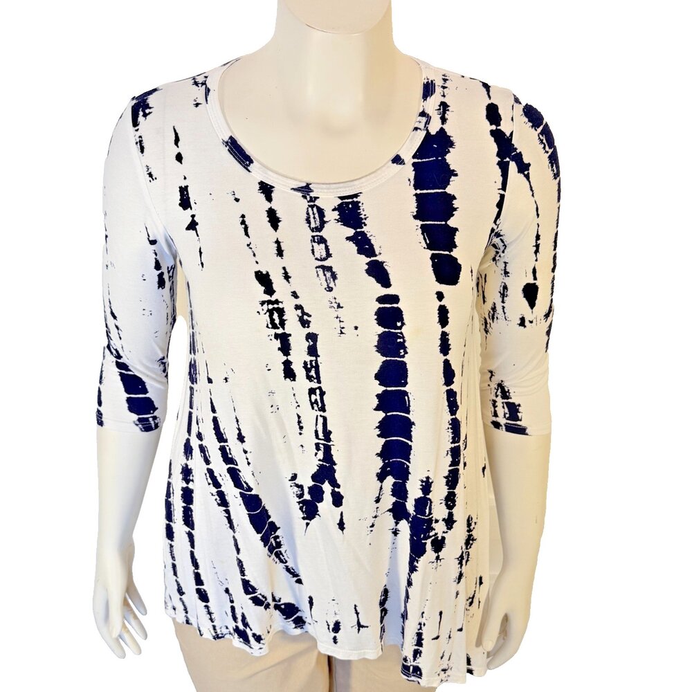 SIVA Tunic Top Blouse Womens M Blue White Tie Dye Scoop Neck 3/4 Sleeve Flared